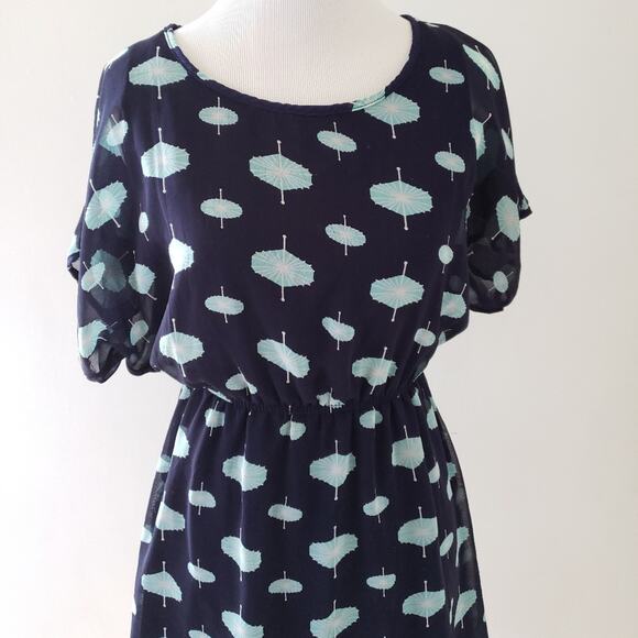 Francesca's Parasol Print Blouson Dress Elastic Waist Navy Small - Picture 4 of 7